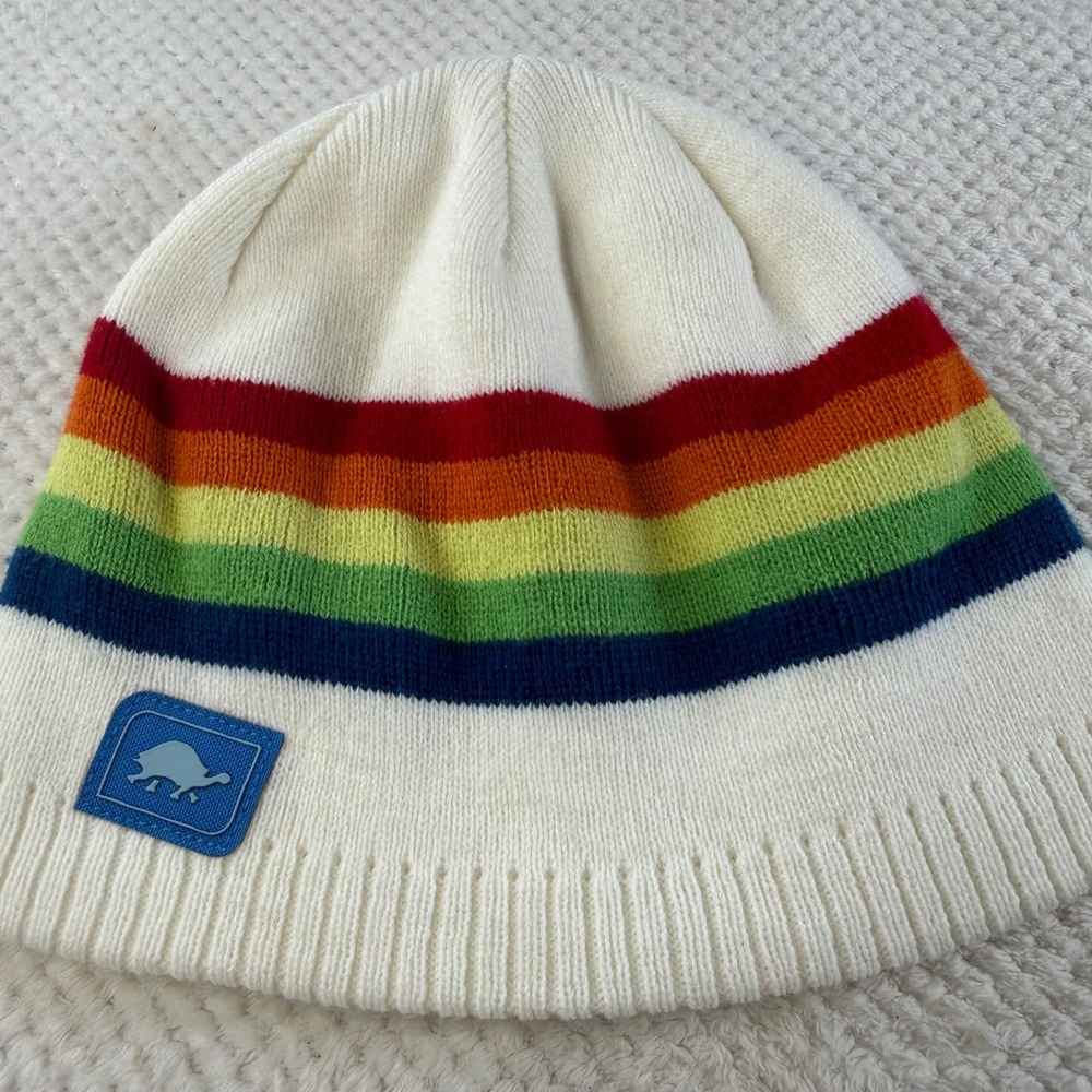 Turtle Fur Rainbow Stripe Beanie Cream Knit Winter Hat Blue Logo Patch